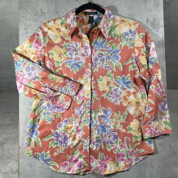 Ralph Lauren Hawaiian Short Sleeve Button Up Shirt‎ Women Size M Floral Tropical - Picture 1 of 7